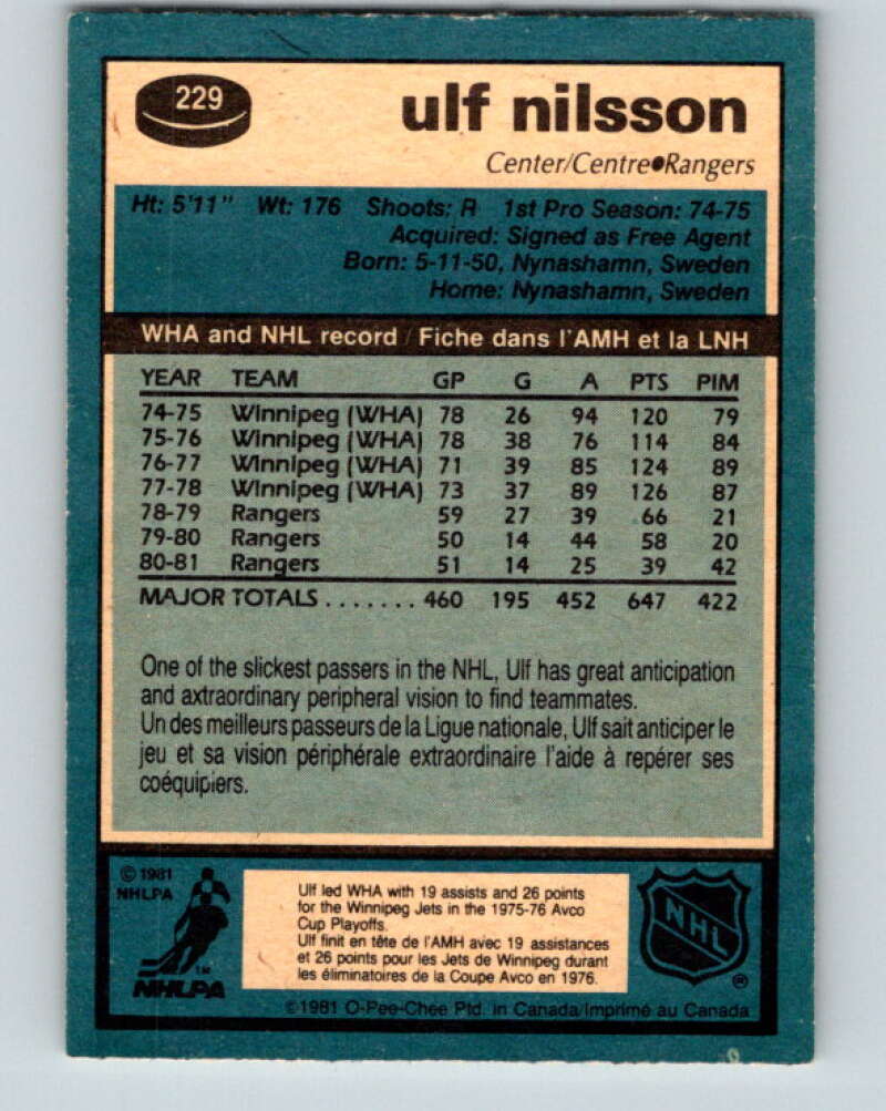 1981-82 O-Pee-Chee #229 Ulf Nilsson  New York Rangers  V31119