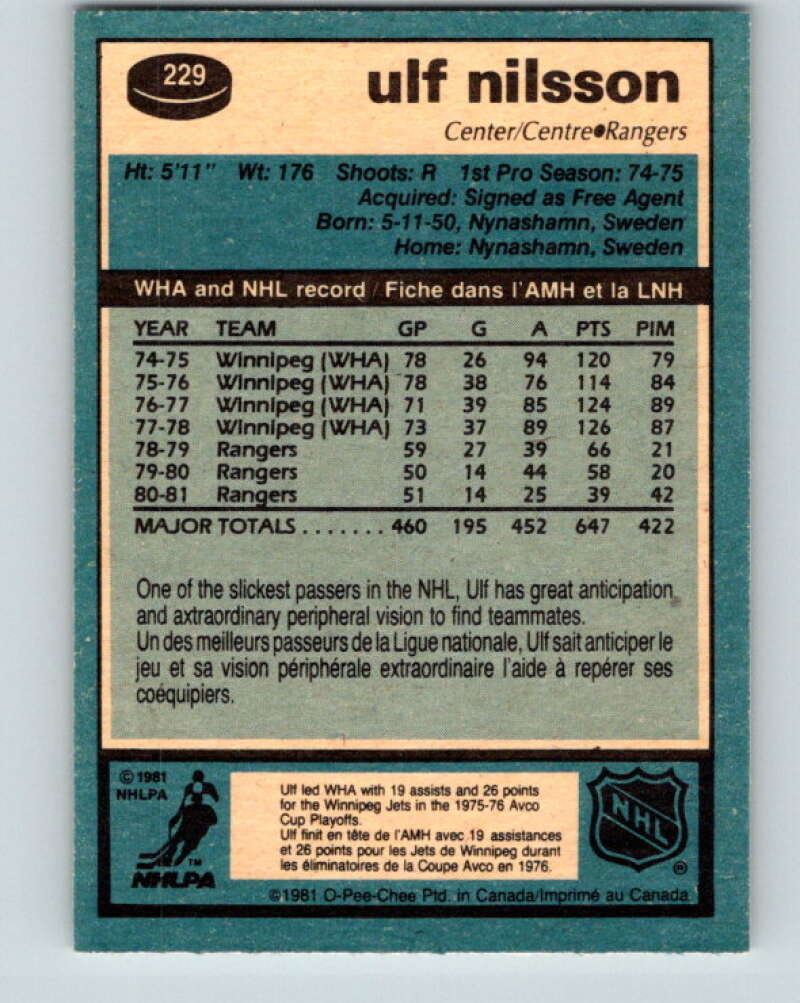 1981-82 O-Pee-Chee #229 Ulf Nilsson  New York Rangers  V31120