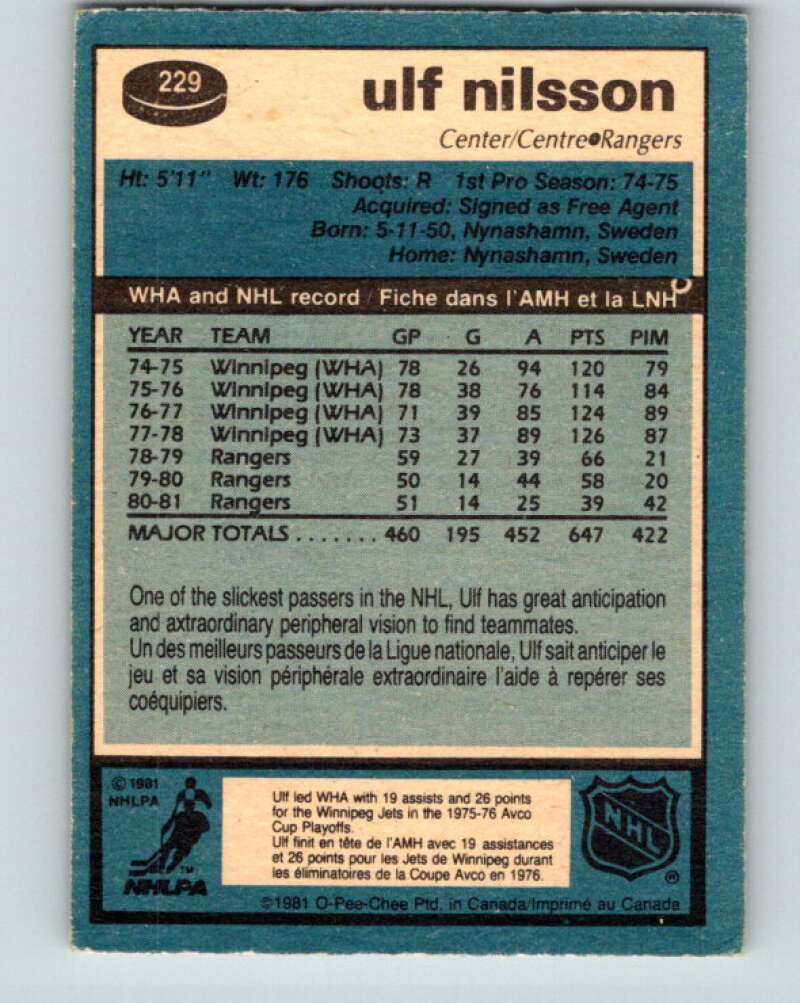 1981-82 O-Pee-Chee #229 Ulf Nilsson  New York Rangers  V31122