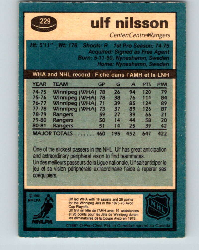 1981-82 O-Pee-Chee #229 Ulf Nilsson  New York Rangers  V31125
