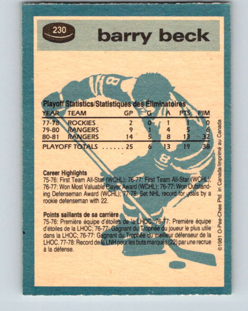 1981-82 O-Pee-Chee #230 Barry Beck  New York Rangers  V31126