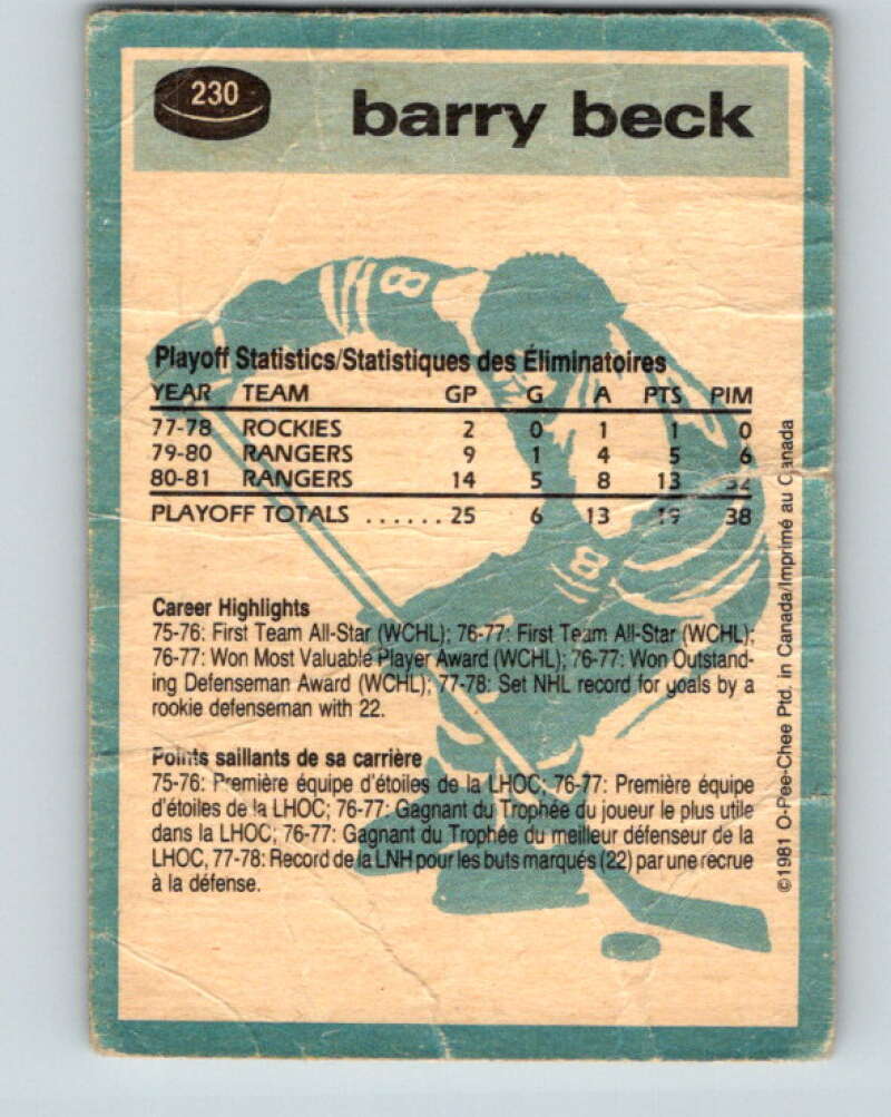 1981-82 O-Pee-Chee #230 Barry Beck  New York Rangers  V31128