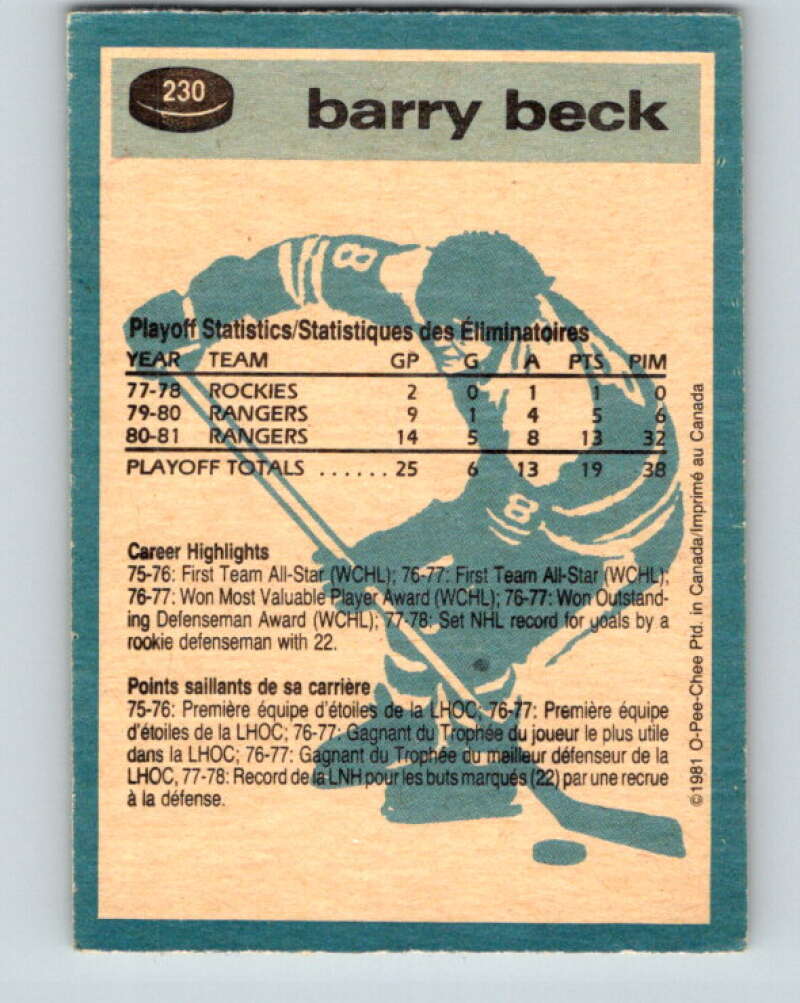 1981-82 O-Pee-Chee #230 Barry Beck  New York Rangers  V31129