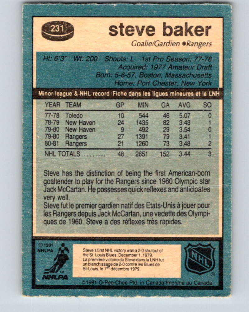 1981-82 O-Pee-Chee #231 Steve Baker  New York Rangers  V31138