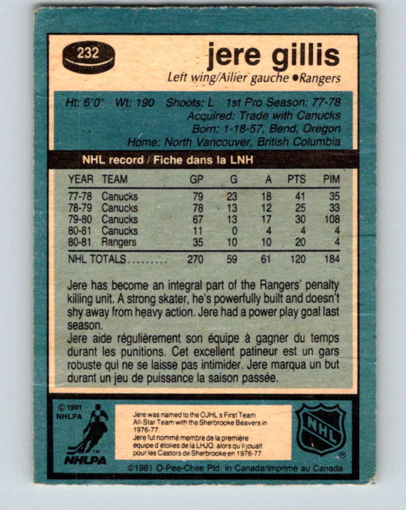 1981-82 O-Pee-Chee #232 Jere Gillis  New York Rangers  V31146