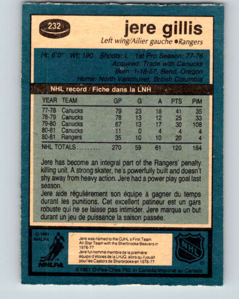 1981-82 O-Pee-Chee #232 Jere Gillis  New York Rangers  V31149
