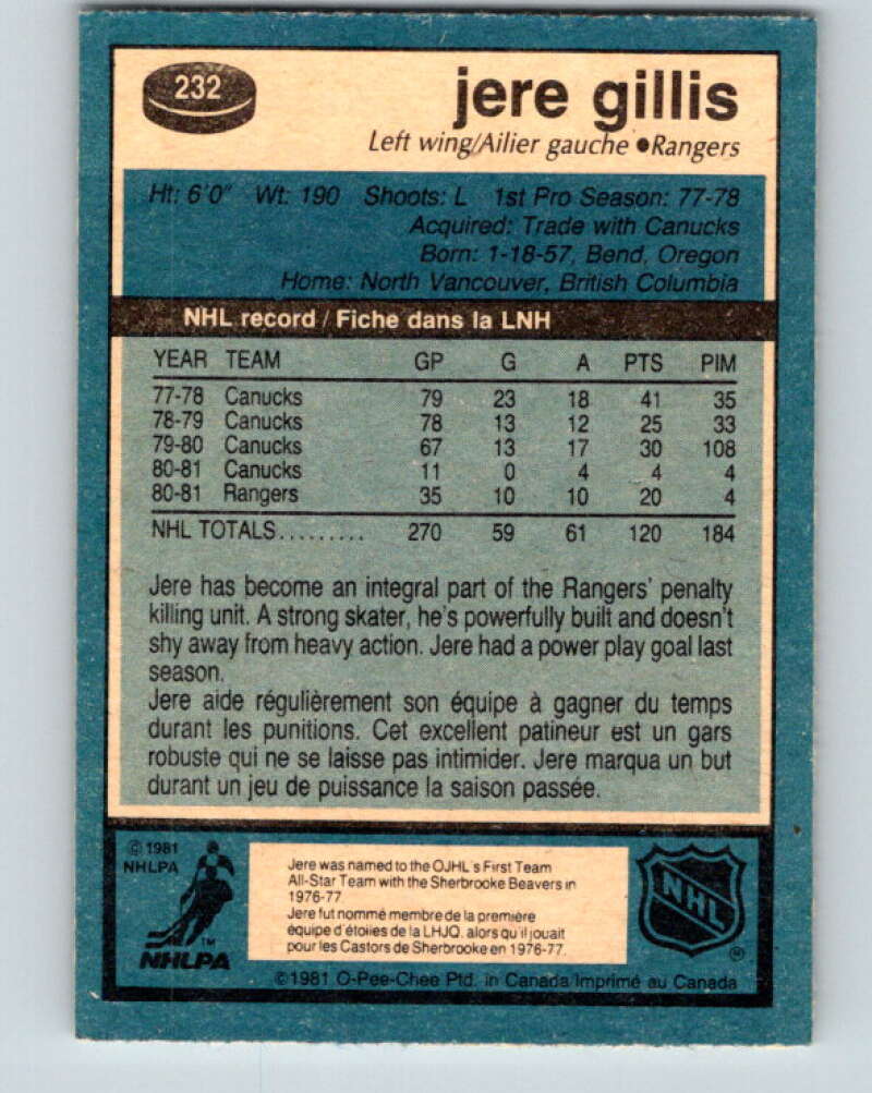 1981-82 O-Pee-Chee #232 Jere Gillis  New York Rangers  V31151