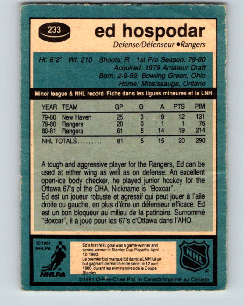 1981-82 O-Pee-Chee #233 Ed Hospodar  New York Rangers  V31158