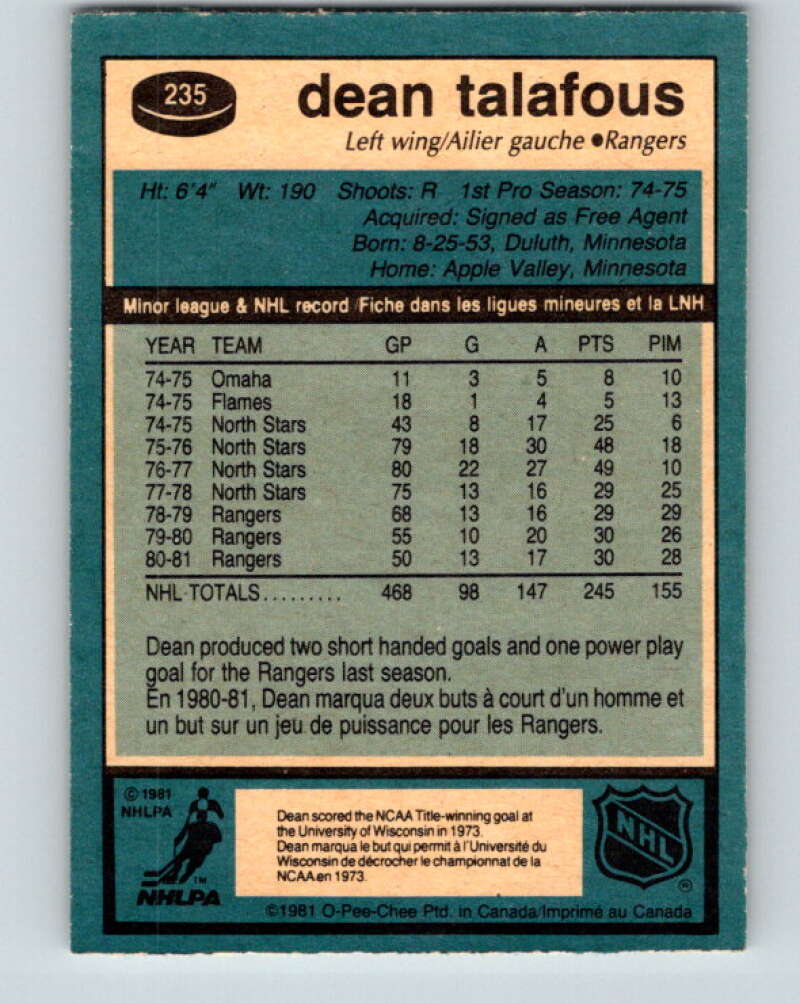1981-82 O-Pee-Chee #235 Dean Talafous  New York Rangers  V31173