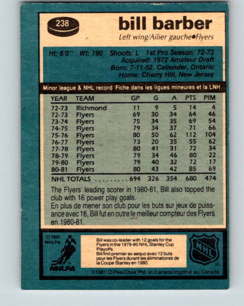 1981-82 O-Pee-Chee #238 Bill Barber  Philadelphia Flyers  V31199