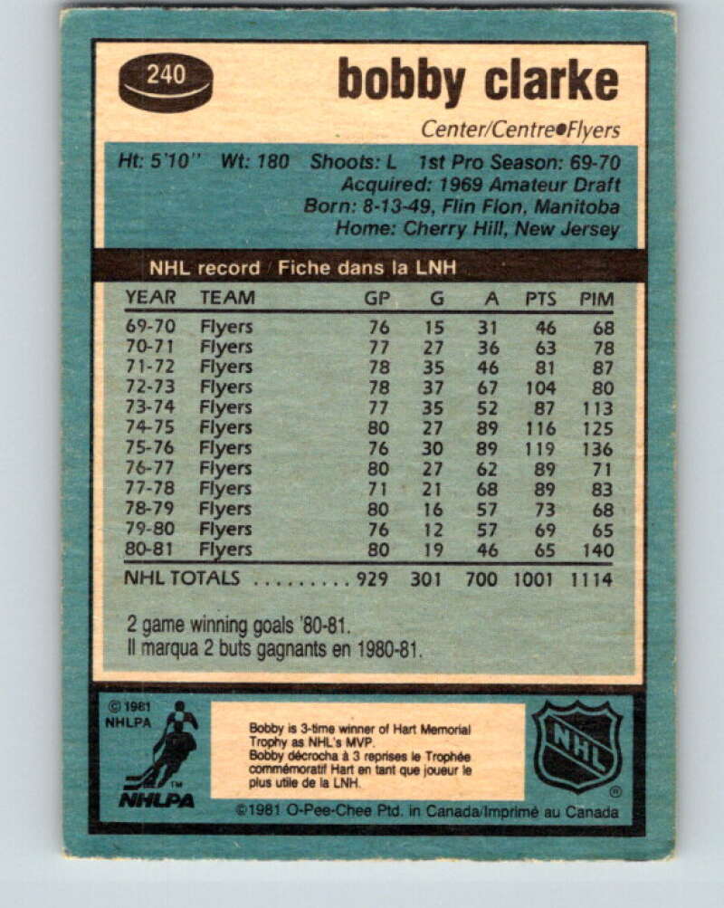 1981-82 O-Pee-Chee #240 Bobby Clarke  Philadelphia Flyers  V31210