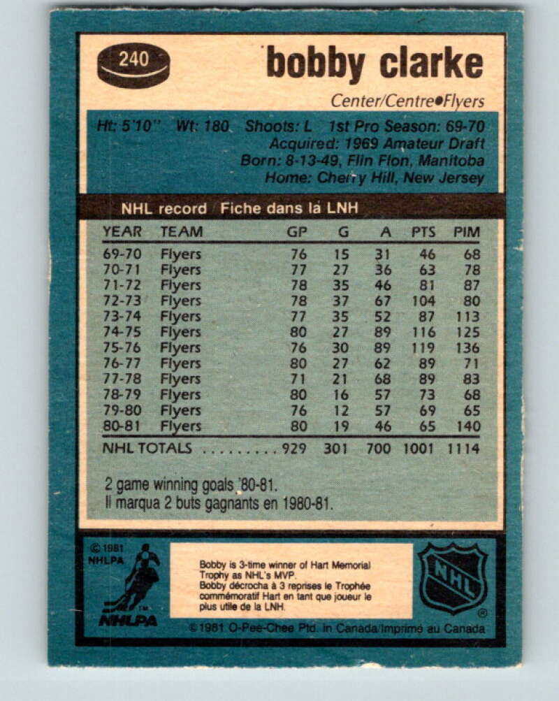 1981-82 O-Pee-Chee #240 Bobby Clarke  Philadelphia Flyers  V31211