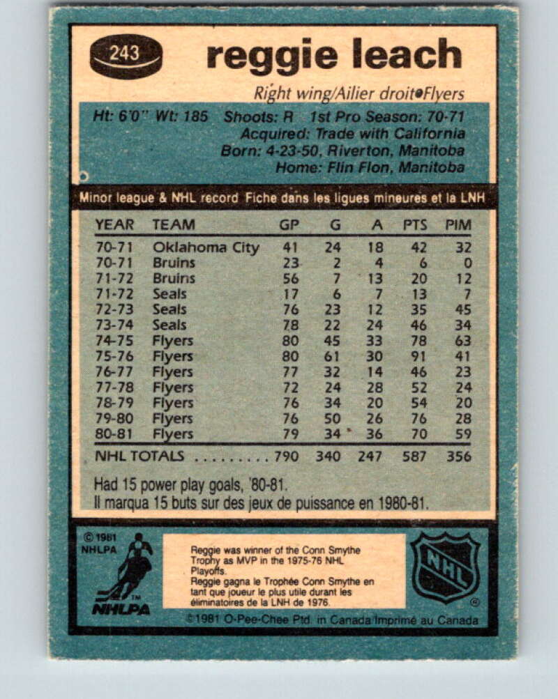 1981-82 O-Pee-Chee #243 Reggie Leach  Philadelphia Flyers  V31221