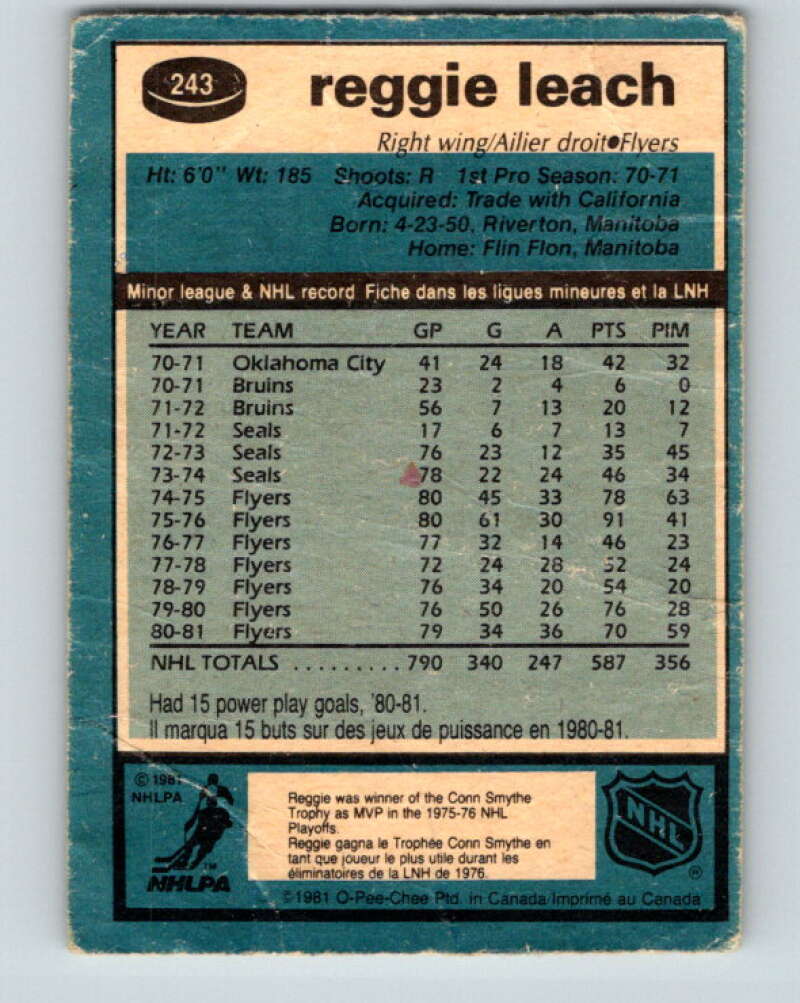 1981-82 O-Pee-Chee #243 Reggie Leach  Philadelphia Flyers  V31226