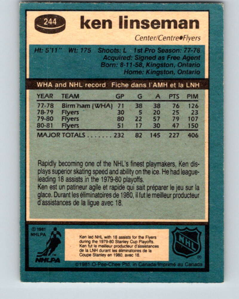 1981-82 O-Pee-Chee #244 Ken Linseman  Philadelphia Flyers  V31229