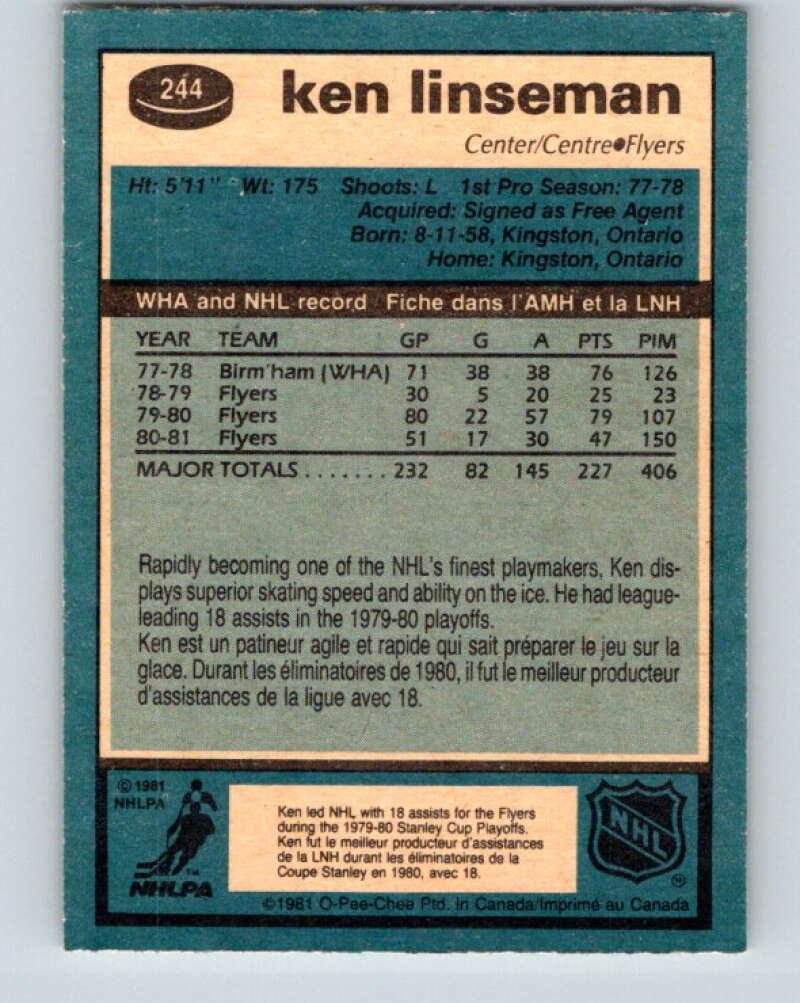 1981-82 O-Pee-Chee #244 Ken Linseman  Philadelphia Flyers  V31230