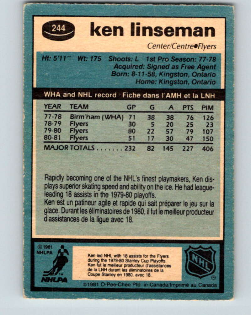 1981-82 O-Pee-Chee #244 Ken Linseman  Philadelphia Flyers  V31234
