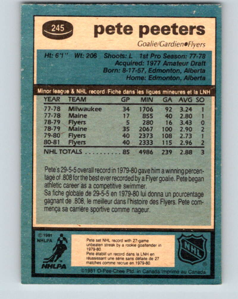 1981-82 O-Pee-Chee #245 Pete Peeters  Philadelphia Flyers  V31241