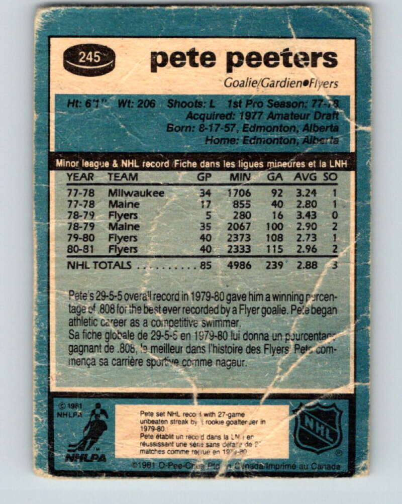 1981-82 O-Pee-Chee #245 Pete Peeters  Philadelphia Flyers  V31243