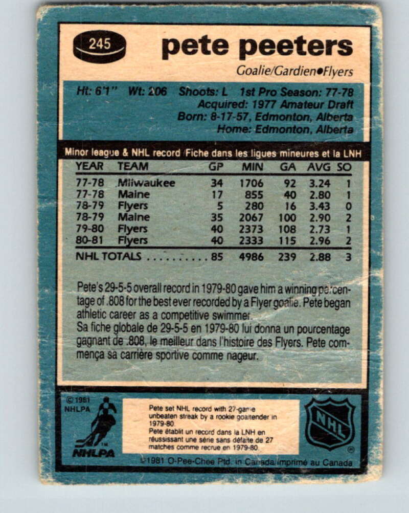 1981-82 O-Pee-Chee #245 Pete Peeters  Philadelphia Flyers  V31246