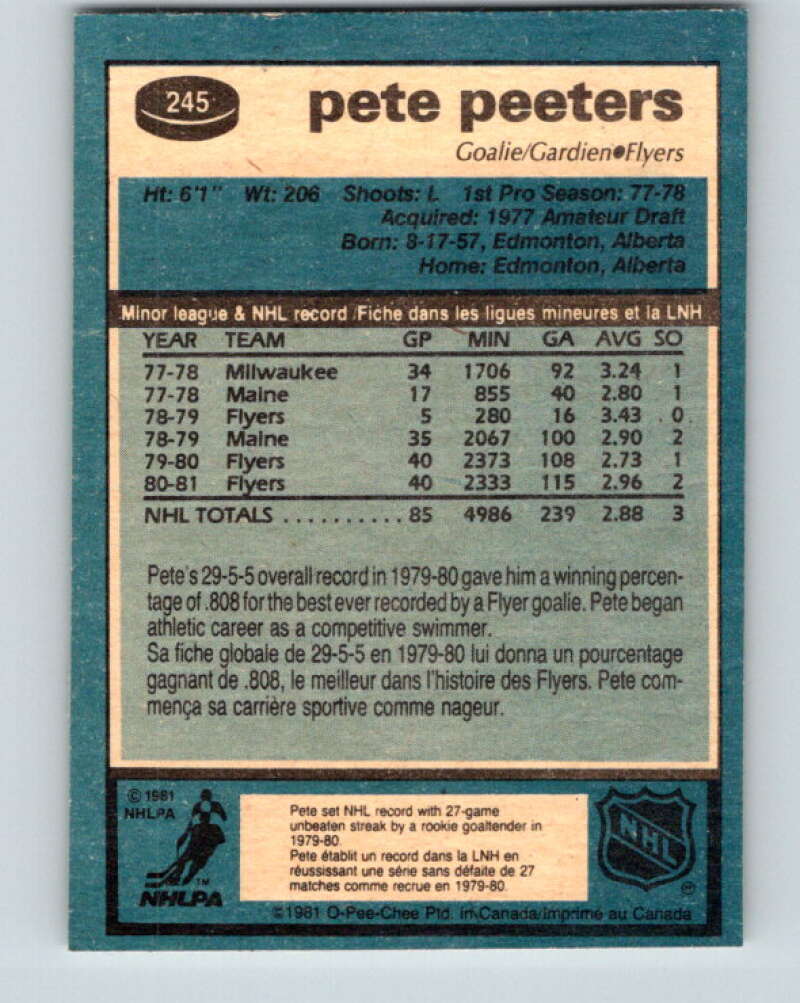 1981-82 O-Pee-Chee #245 Pete Peeters  Philadelphia Flyers  V31247