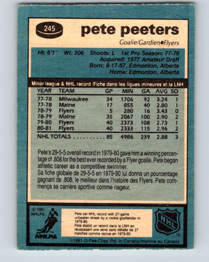 1981-82 O-Pee-Chee #245 Pete Peeters  Philadelphia Flyers  V31248