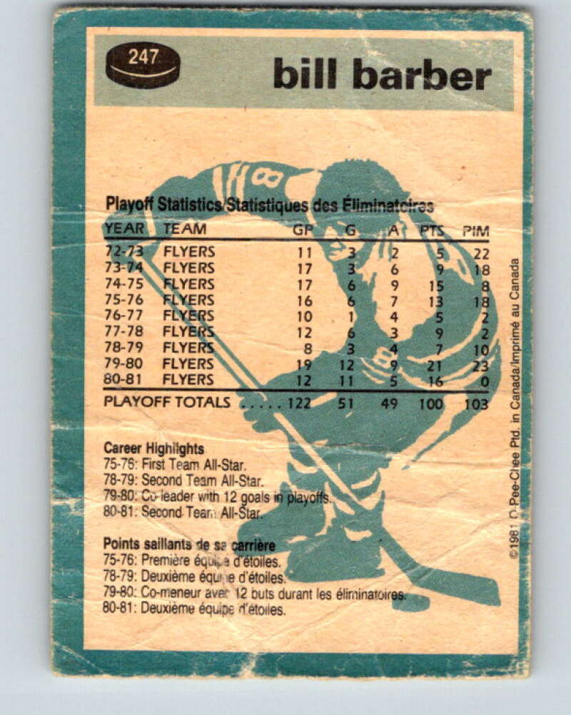 1981-82 O-Pee-Chee #247 Bill Barber  Philadelphia Flyers  V31256
