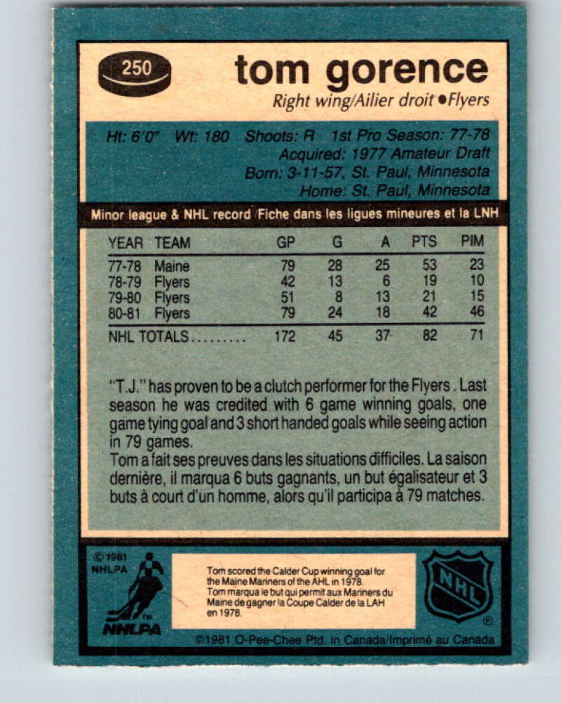 1981-82 O-Pee-Chee #250 Tom Gorence  Philadelphia Flyers  V31276