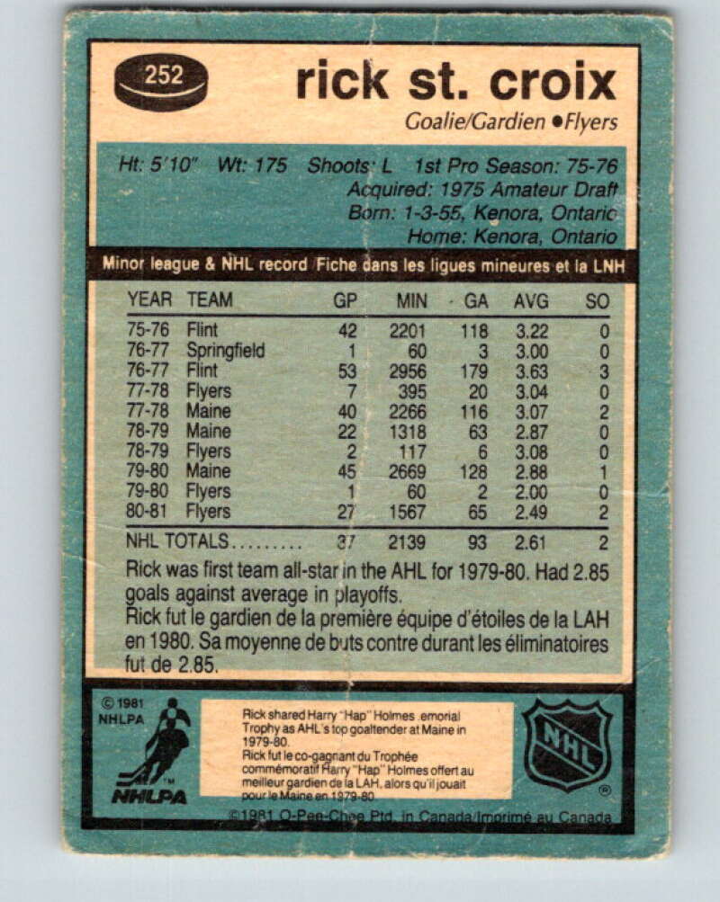 1981-82 O-Pee-Chee #252 Rick St. Croix  RC Rookie Philadelphia Flyers  V31280