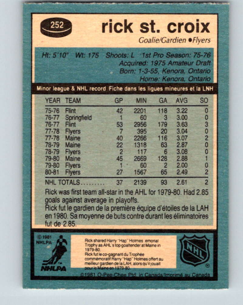 1981-82 O-Pee-Chee #252 Rick St. Croix  RC Rookie Philadelphia Flyers  V31283
