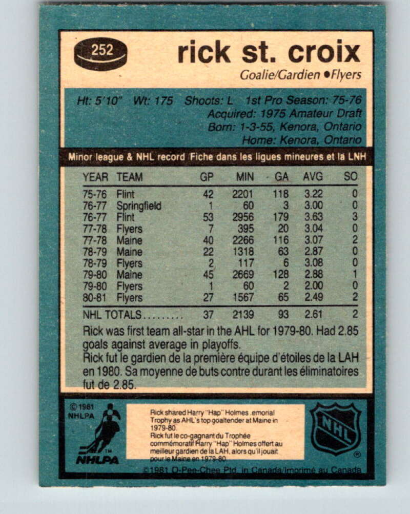1981-82 O-Pee-Chee #252 Rick St. Croix  RC Rookie Philadelphia Flyers  V31284