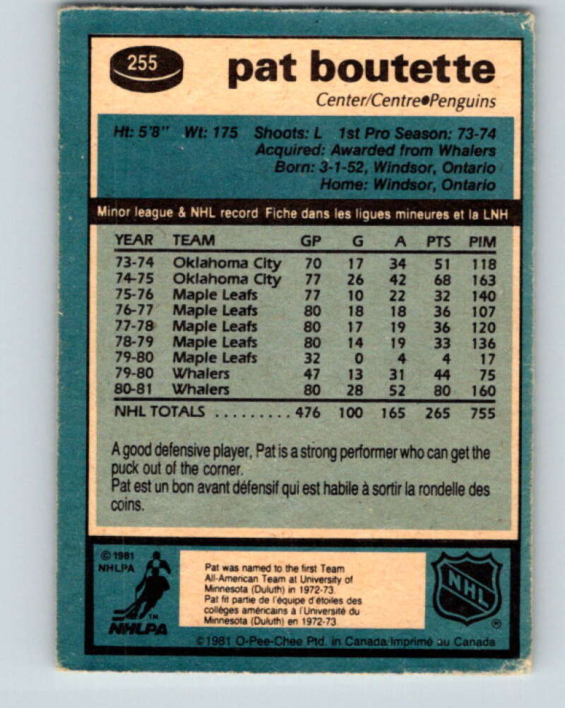 1981-82 O-Pee-Chee #255 Pat Boutette  Pittsburgh Penguins  V31301