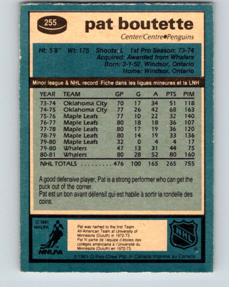1981-82 O-Pee-Chee #255 Pat Boutette  Pittsburgh Penguins  V31302