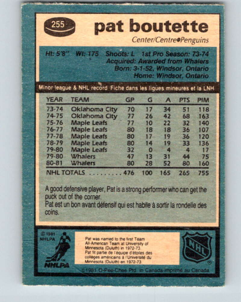 1981-82 O-Pee-Chee #255 Pat Boutette  Pittsburgh Penguins  V31303