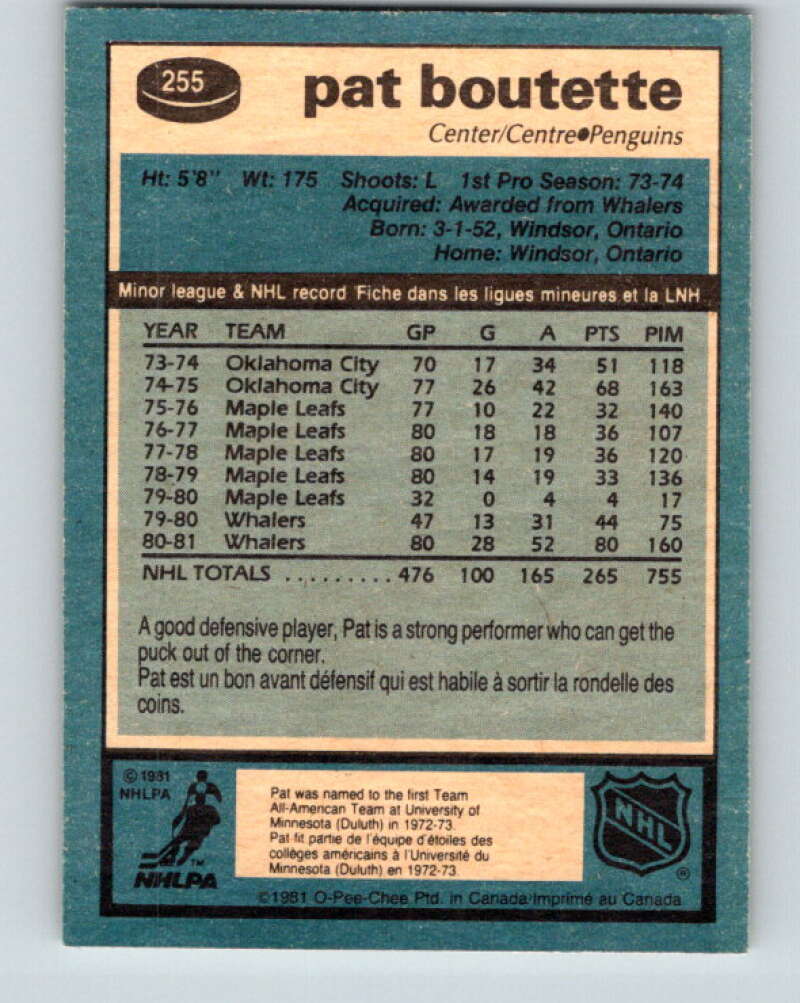 1981-82 O-Pee-Chee #255 Pat Boutette  Pittsburgh Penguins  V31304