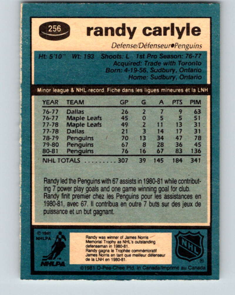 1981-82 O-Pee-Chee #256 Randy Carlyle  Pittsburgh Penguins  V31305