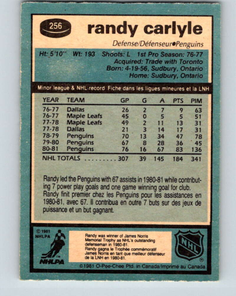 1981-82 O-Pee-Chee #256 Randy Carlyle  Pittsburgh Penguins  V31308