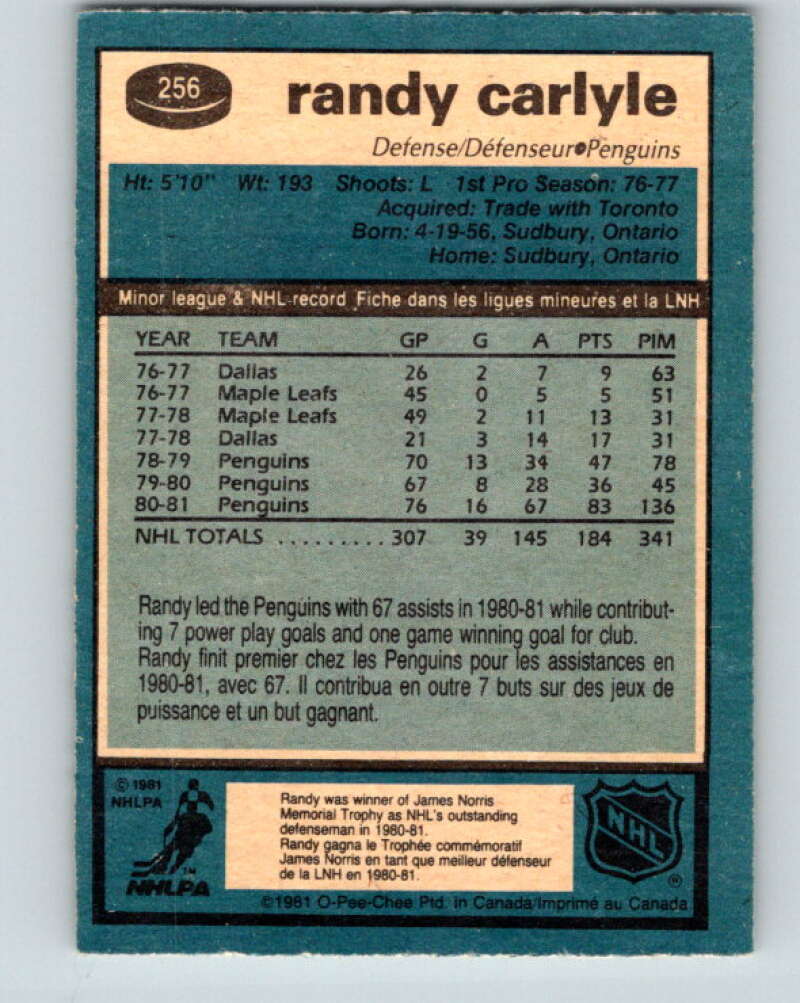 1981-82 O-Pee-Chee #256 Randy Carlyle  Pittsburgh Penguins  V31310