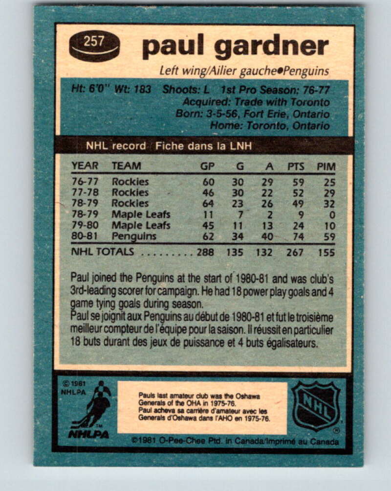 1981-82 O-Pee-Chee #257 Paul Gardner  Pittsburgh Penguins  V31313