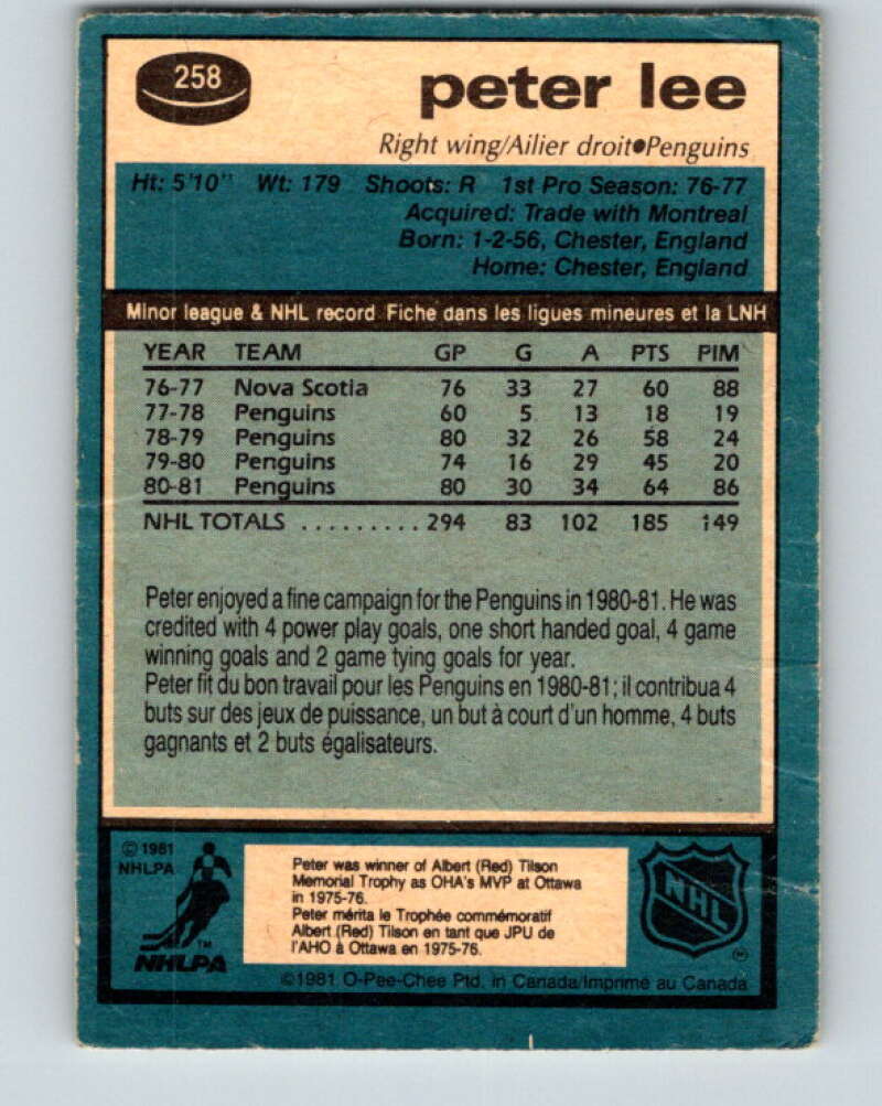 1981-82 O-Pee-Chee #258 Peter Lee  Pittsburgh Penguins  V31317