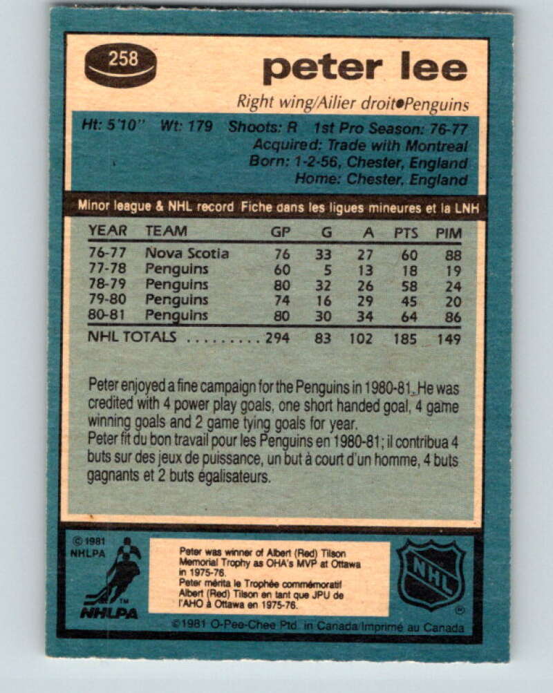 1981-82 O-Pee-Chee #258 Peter Lee  Pittsburgh Penguins  V31320