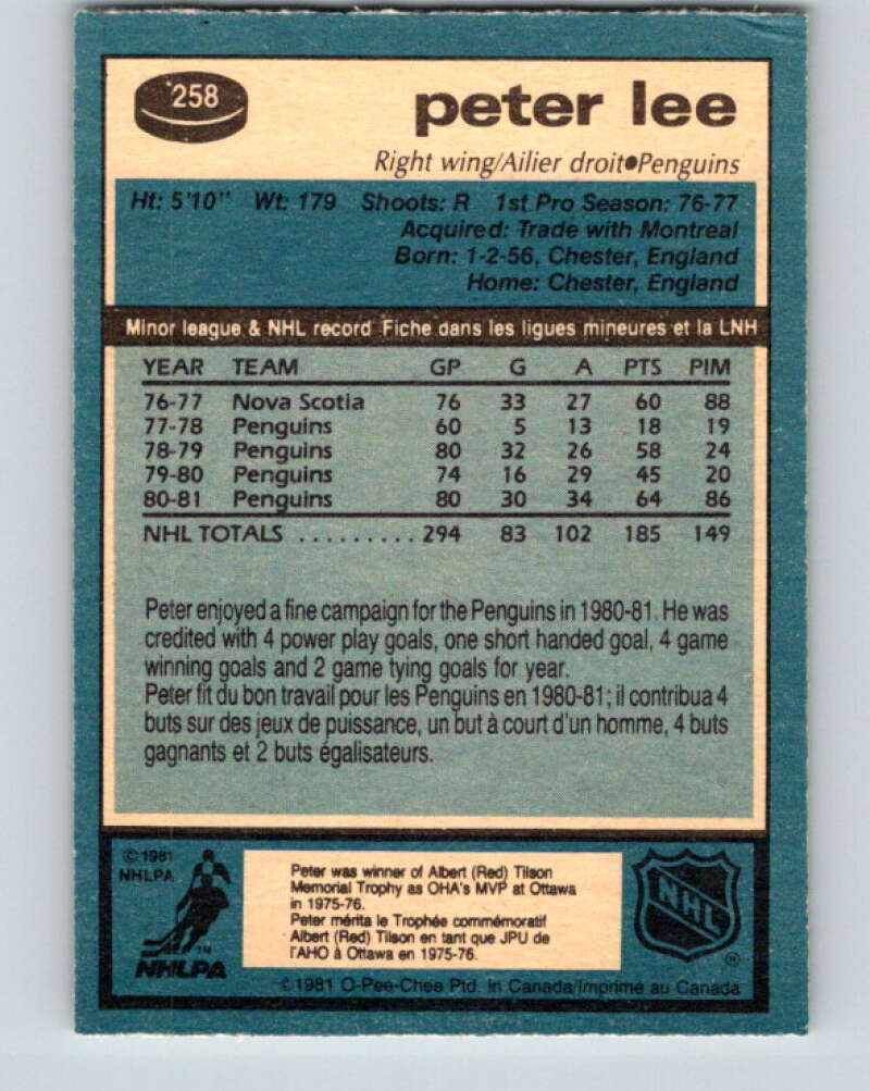 1981-82 O-Pee-Chee #258 Peter Lee  Pittsburgh Penguins  V31322