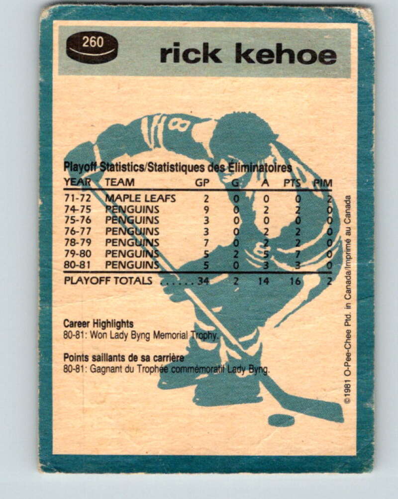 1981-82 O-Pee-Chee #260 Rick Kehoe  Pittsburgh Penguins  V31326