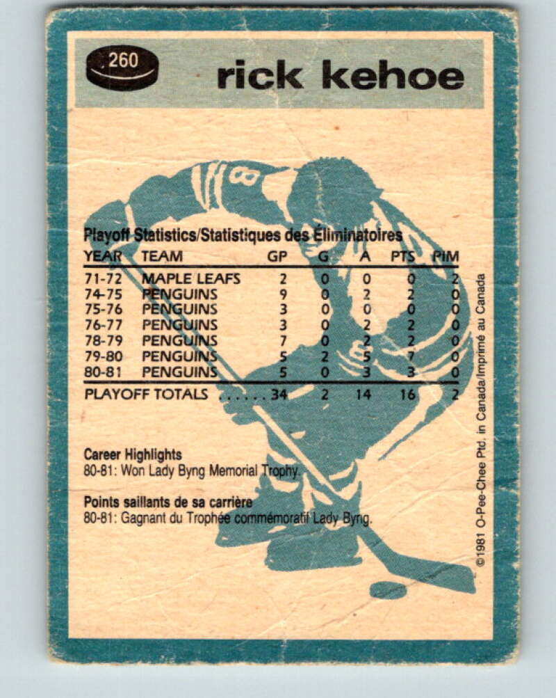 1981-82 O-Pee-Chee #260 Rick Kehoe  Pittsburgh Penguins  V31327