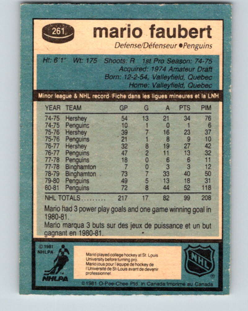 1981-82 O-Pee-Chee #261 Mario Faubert  Pittsburgh Penguins  V31345