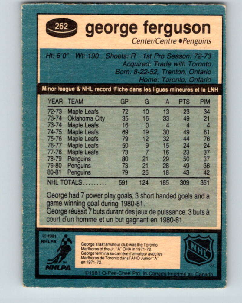 1981-82 O-Pee-Chee #262 George Ferguson  Pittsburgh Penguins  V31352