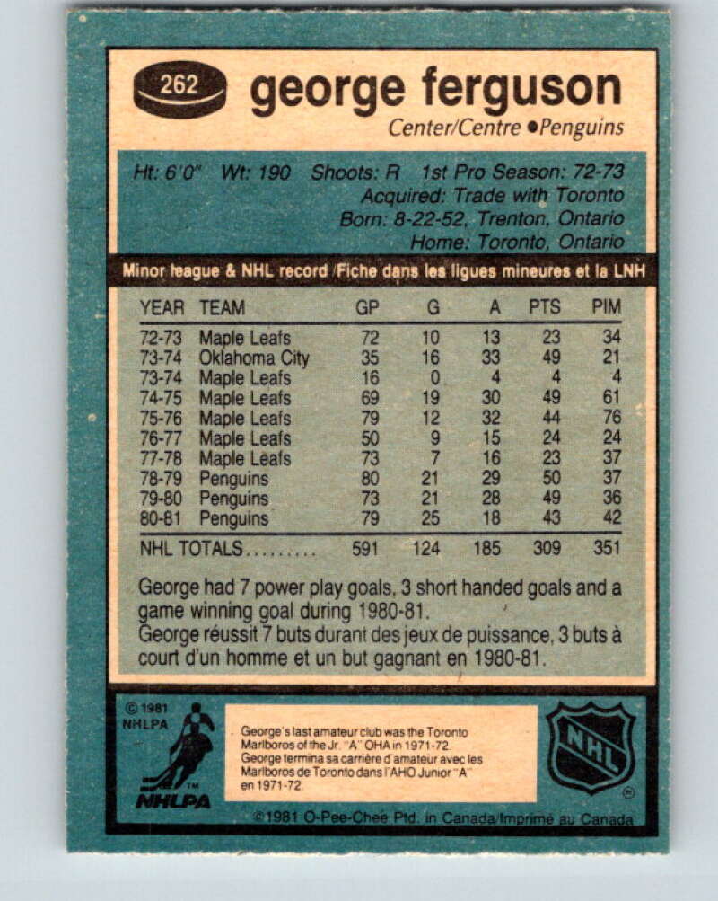 1981-82 O-Pee-Chee #262 George Ferguson  Pittsburgh Penguins  V31354
