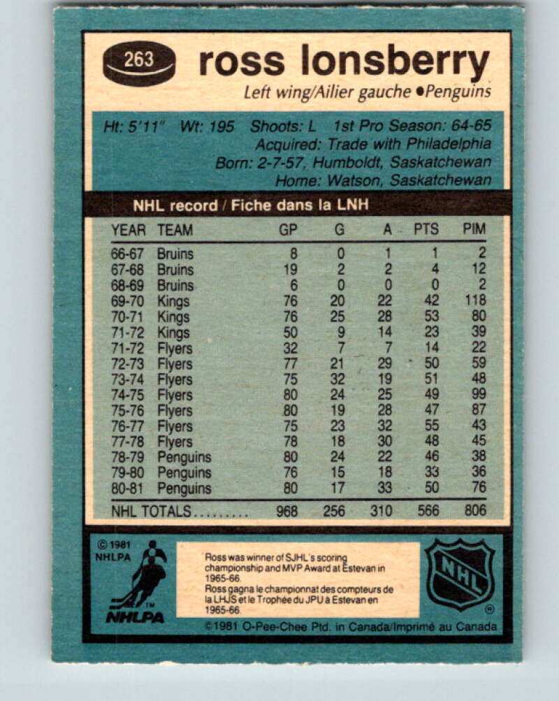 1981-82 O-Pee-Chee #263 Ross Lonsberry  Pittsburgh Penguins  V31360