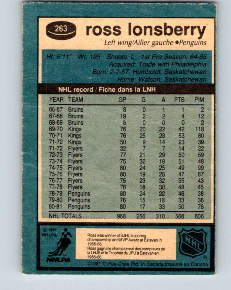 1981-82 O-Pee-Chee #263 Ross Lonsberry  Pittsburgh Penguins  V31364