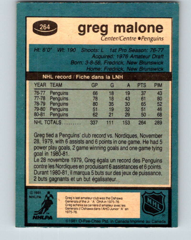 1981-82 O-Pee-Chee #264 Greg Malone  Pittsburgh Penguins  V31365